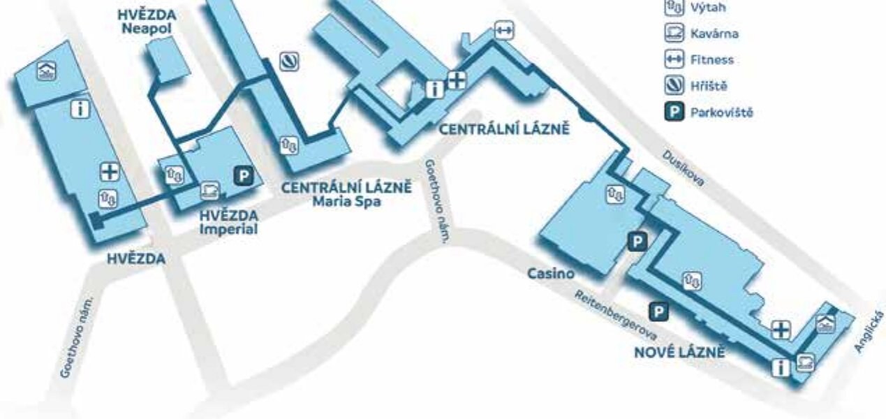 Plan of the spa resort: covered corridors run from Hotel Hvězda via Imperial, Neapol, Maria Spa and Centrální Lázně to the Casino and Nové Lázně