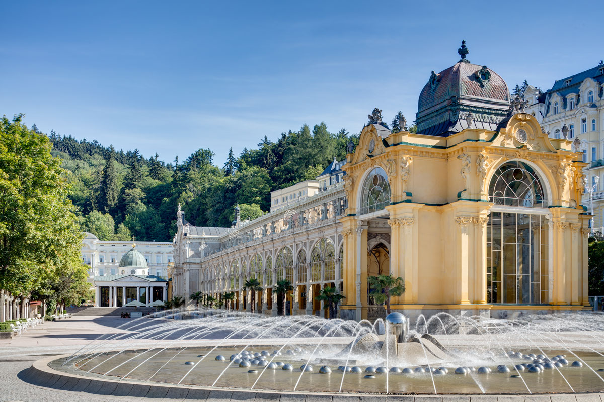 The Singing Fountain in front of the Main Colonnade with jets of water rising