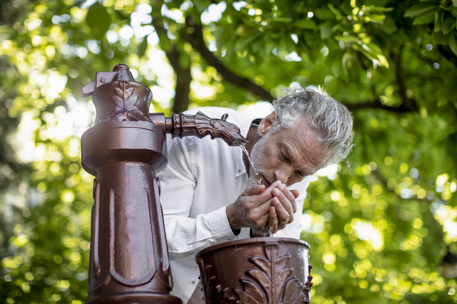 A man drinks mineral water at an ornate cast-iron spring fountain in the park