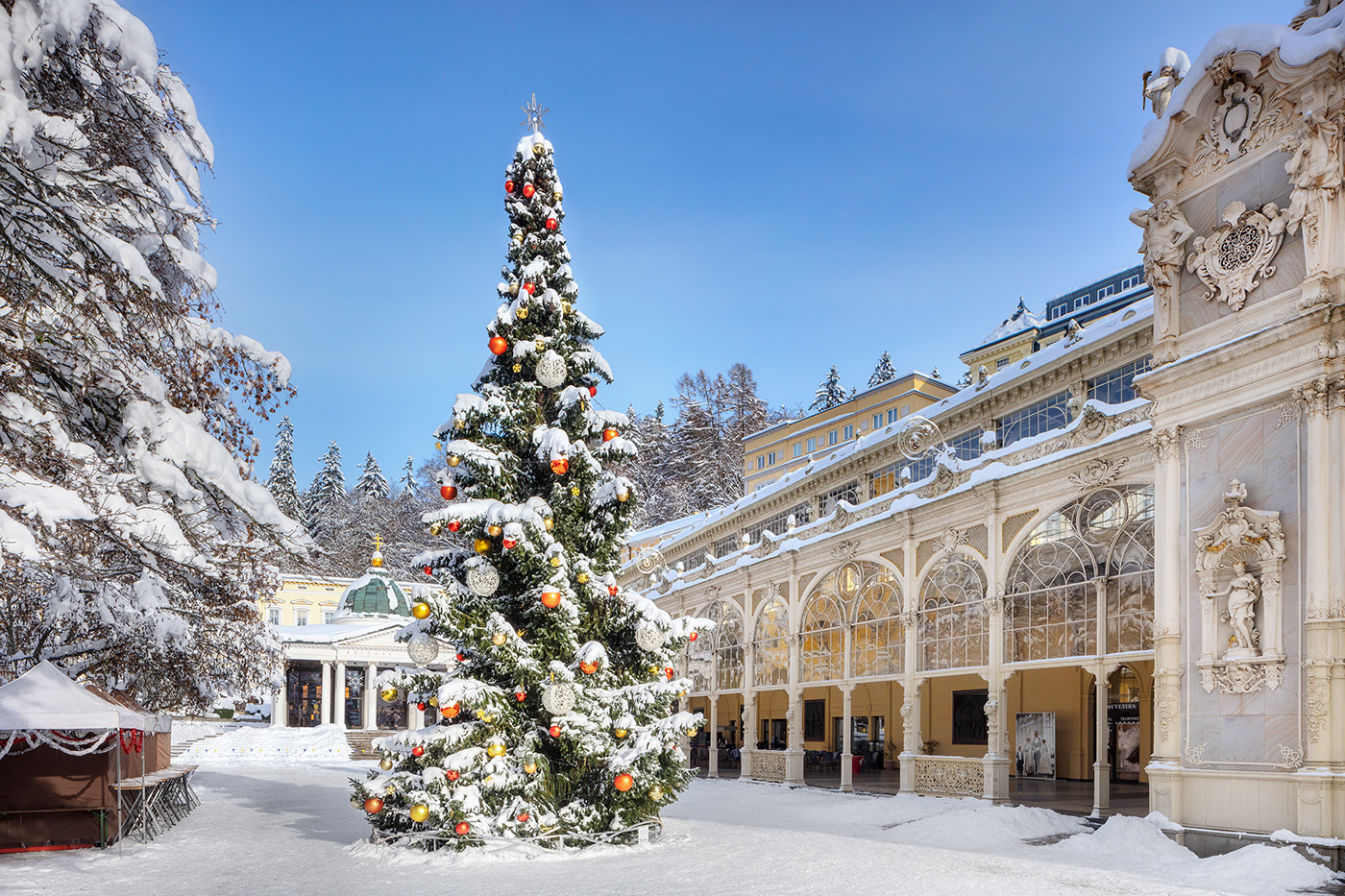 The snow-covered Main Colonnade with a decorated Christmas tree